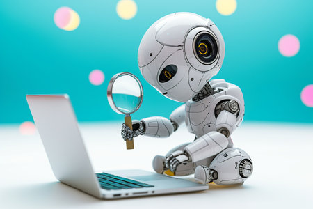 A small robot holds a magnifying glass and look at the laptop, Ai detect concept, searching, and training technology, generative aiの素材