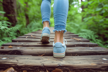 Closeup legs of a woman wearing blue jeans and sneakers, step further on the wood bridge in the green forest environment, generative AIの素材