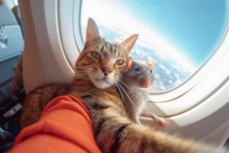 Couple tabby cat and a rat are taking a selfie photo together while sitting in the seats aboard the airplane, generative AIの素材