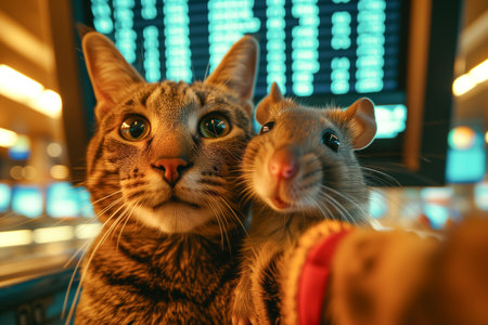 Couple tabby cat and a rat taking a selfie photo together at the departure board in the airport while travelling on vacation, generative AIの素材