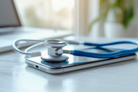 Closeup stethoscope placed on a smart phone with laptop at background, remote healthcare service, telehealth, telemedicine tech, generative AIの素材