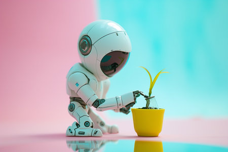 Miniature, or futuristic kid robot is watering a small plant in a pot, training ai for the environment, sustainable development, integration of science, generative aiの素材