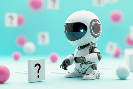 Miniature robot standing with question mark signs, ai chatbot, ask and answer, learning, training and development, generative aiの素材