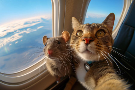 Couple tabby cat and a rat are taking a selfie photo together while sitting in the seats aboard the airplane, funny and cute moment, adventure, and travel concept, generative AIの素材