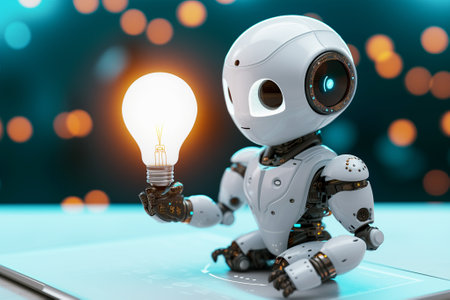 Miniature robot holding an illuminated light bulb, ai chatbot, knowledge, inspiration given technology, generative aiの素材