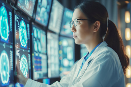 An asian doctor is looking at the computer screen to analyze the medical data, AI medical, and technology, generative aiの素材