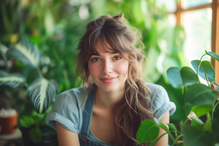 Portrait of a beautiful woman wearing causal clothes sitting in the house plant, gardening leisure, generative aiの素材