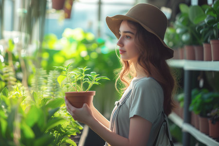 Beautiful woman standing in the nursery house plants, take care of young plants on the shelf, generative aiの素材