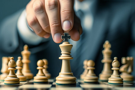 Businessman playing chess, going to move the queen chess on the board, big move concept, generative aiの素材