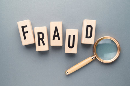 FRAUD text on alphabet wood blocks with magnifying glass, fraud detect, focus, and learning about fraudの写真素材