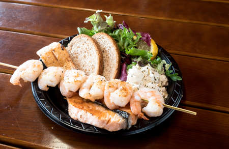 Seafood at famous fish market in Bergen in summer, Norwayの写真素材