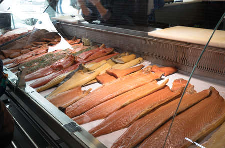 Seafood  on the shelves at famous fish market  in Bergen in summer, Norwayの写真素材