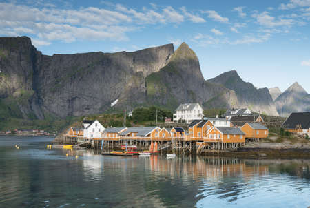 Yellow Fishing hut on the Lofoten islands in summer, northern Norwayの写真素材