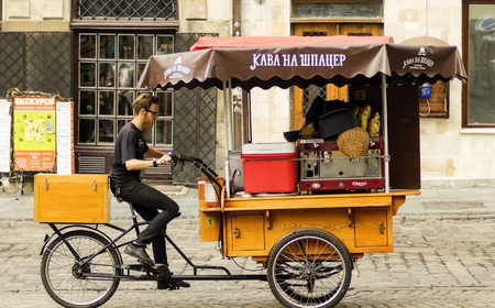 stLvov ,Ukraine- August 22, 2016: .reet cafe made on a bikeのeditorial素材