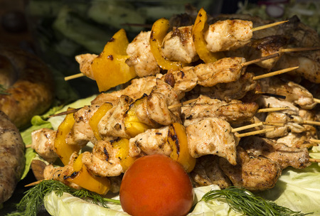 Pieces of shish kebab on a skewerの写真素材