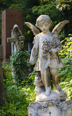 A statue of an angel in an old cemetery.の写真素材