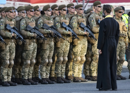 Kiev Ukraine Aug. 22, 2018: Rehearsal of the parade in honor of Independence Day of Ukraine. Kiev, Agu 22, 2018.のeditorial素材
