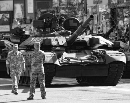 Kiev Ukraine Aug. 22, 2018: T 64 on military parade training. Day of Ukraine. Kiev, Agu 22, 2018.のeditorial素材