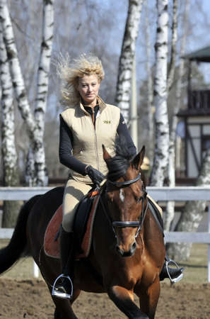 Equestrian sport: a female caucasian horse rider riding her beautiful brown horseの写真素材