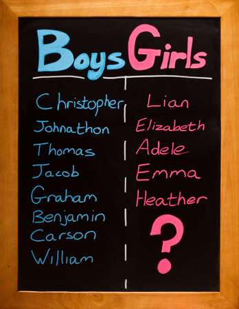 List of girls and boys names on a blackboardの写真素材