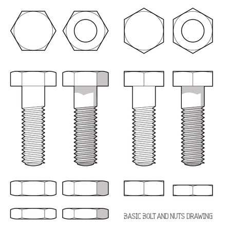 Hexagonal bolt and nuts in orthogonal projectionのイラスト素材