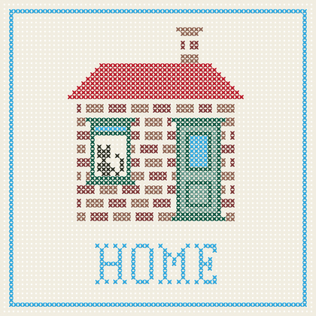cross stitch home with cat on the windowのイラスト素材