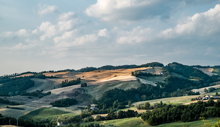 Cultivated hills in the Northern Apennines. Monghidoro, Bologna province, Emilia Romagna, Italy.の写真素材