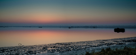 Sunset on the Casalborsetti lagoon. Po valley, Ravenna, Italy.