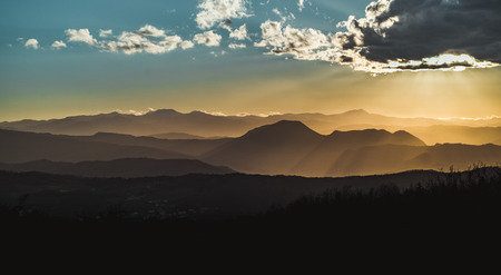 Mountain peaks in Emilia Romagna at sunset. Monte Venere, Bologna province, Italy.の写真素材