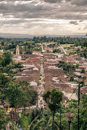 Aerial view of the town of Salento, QuindÃ­o, Colombia. Coffee production area.の写真素材