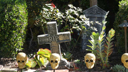 LOS ANGELES, CALIFORNIA, USA - OCT 29, 2019: Scary festival decorations of a house, Happy Halloween...