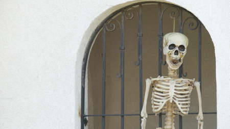 LOS ANGELES, CALIFORNIA, USA - OCT 29, 2019: Scary festival decorations of a house, Happy Halloween holiday. Classic garden with Pumpkin, Bones and Skeleton. Traditional party decor. American culture.のeditorial素材