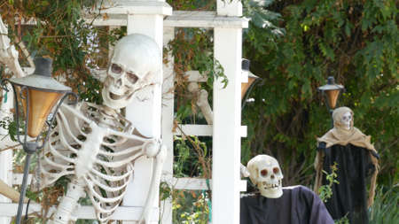 LOS ANGELES, CALIFORNIA, USA - OCT 29, 2019: Scary festival decorations of a house, Happy Halloween...