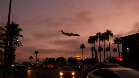 LOS ANGELES, CALIFORNIA, USA - 10 NOV 2019: Airplane landing, LAX airport. Passenger flight or cargo plane silhouette, dramatic pink sky. Aircraft arrival to airfield. International transport flying.のeditorial素材