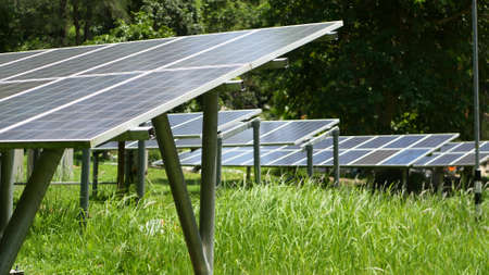 Solar panels over grass on sunny day. Row of alternative power plants on lawn producing ecological...