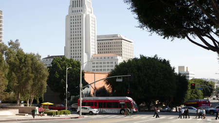 LOS ANGELES, CALIFORNIA, USA - OCT 30, 2019: People walking in metropolis, pedestrians on walkway in...