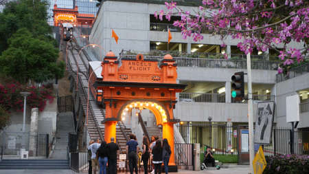 LOS ANGELES, CALIFORNIA, USA - 27 OCT 2019: Angels Flight retro funicular railway cabin. Vintage cable car station. Old-fashioned public passenger transport in Hollywood. Historic tourist landmark.のeditorial素材