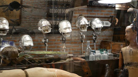 BANGKOK, THAILAND - 10 JULY, 2019: The camp vintage flea market near Chatuchak. Modern design of retro style boutique art shop of old antiques. Decoration of popular strange fashion city landmarkのeditorial素材