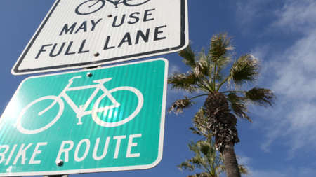 Bike Route green road sign in California, USA. Bicycle lane singpost. Bikeway in Oceanside Pacific...