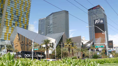 LAS VEGAS, NEVADA USA - 7 MAR 2020: Futuristic CityCenter casinos in sin city. Modern luxury unincorporated urban skyline. Contemporary metropolis highrise skyscrapers and Crystals rich shopping mall.のeditorial素材