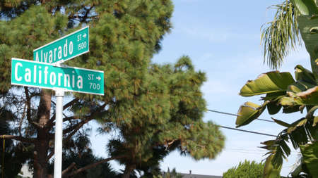 California street road sign on crossroad. Lettering on intersection signpost, symbol of summertime travel and vacations. USA tourist destination. Text on nameboard in city near Los Angeles, route 101.の写真素材