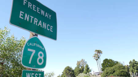 Freeway entrance sign on interchange crossraod in San Diego county, California USA. State Route...