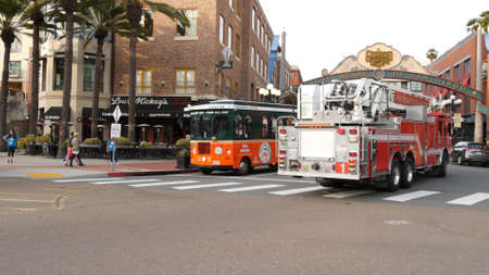 San Diego, California USA -31 Jan 2020: Red fire engine on street of city near Los Angeles....