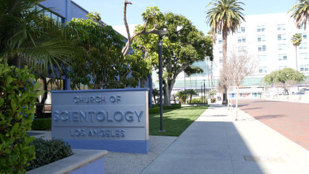 Los Angeles, California USA - 24 Feb 2020: Church of Scientology exterior, facade of blue building near American Saint Hill Organization in Hollywood. Sign on street. International religious movement.のeditorial素材