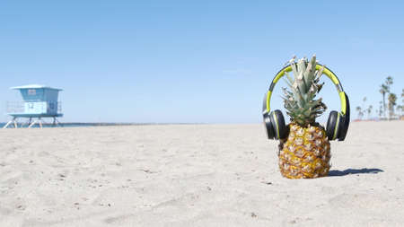 Funny pineapple in headphones, sandy ocean beach by blue lifeguard hut, California USA, Pacific coast. Tropical summer exotic fruit enjoying vacations and music in paradise. Ananas sunbathing on shoreの写真素材