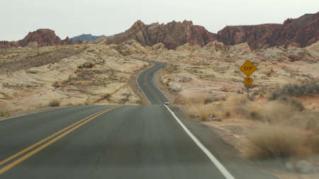 Road trip, driving auto in Valley of Fire, Las Vegas, Nevada, USA. Hitchhiking traveling in America,...
