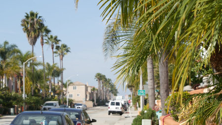Houses on suburban street in California USA, Oceanside. Generic buildings in residential district near Los Angeles. Real estate property exterior. Tropical gardens, palms near typical american homes.の写真素材