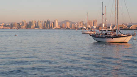 Yachts in marina and downtown city skyline at sunset, San Diego cityscape, California coast, USA. Highrise skyscrapers, boat in bay, waterfront promenade. Urban architecture and sailboat in harbor.の写真素材