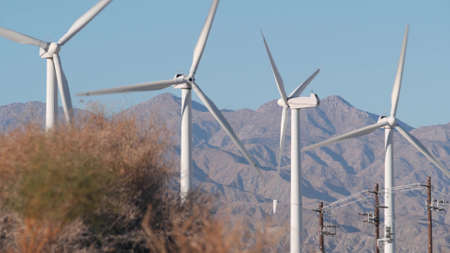 Windmills turbine rotating, wind farm power plant, alternative green renewable energy generators,...