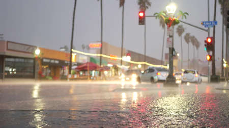 Cars lights reflection on road in rainy weather. Rain drops on wet asphalt of city street in USA, water raindrops falling on sidewalk. Palm trees and rainfall, twilight dusk. Ocean Beach, California.の写真素材